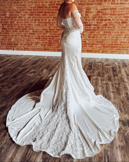 Corset Lace Mermaid Bridal Gown with Sheer Sleeves
