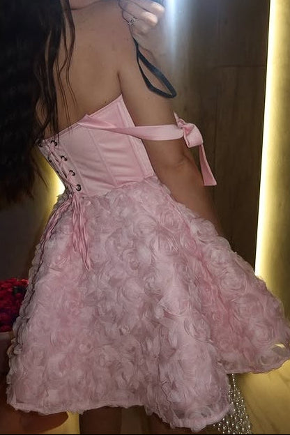 Off-Shoulder Corset Mini Dress with 3D Rosette Skirt