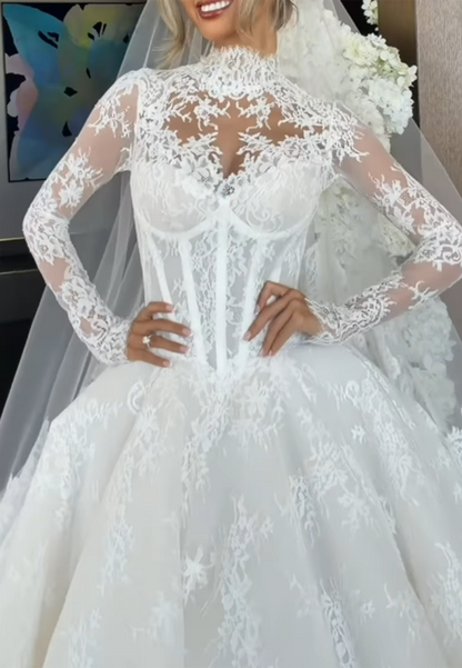 High-Neck Lace Ball Gown Wedding Dress with Long Sleeves