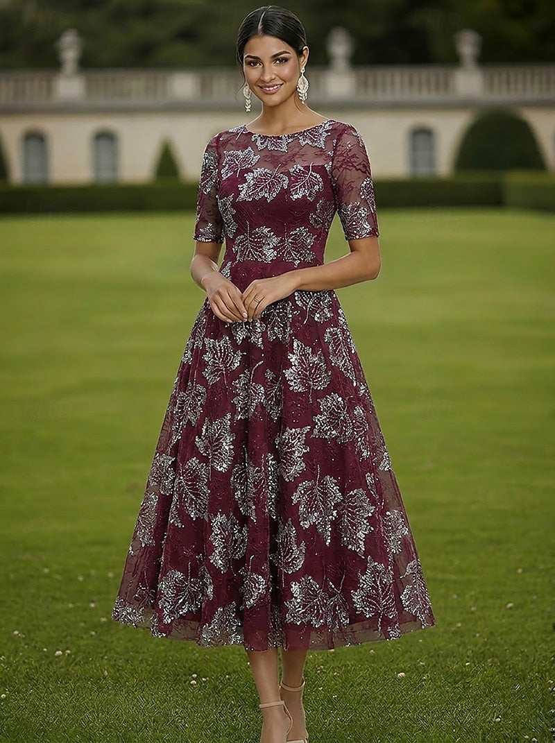Sequin Leaf Illusion Tea-Length A-Line Dress