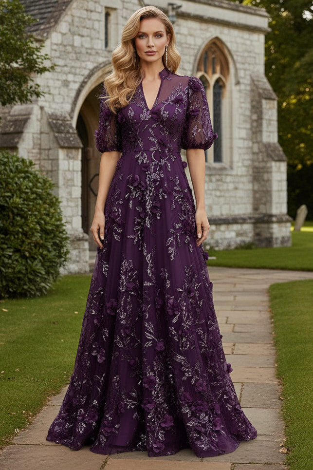 3D Floral Applique Short Sleeve A-Line Gown
