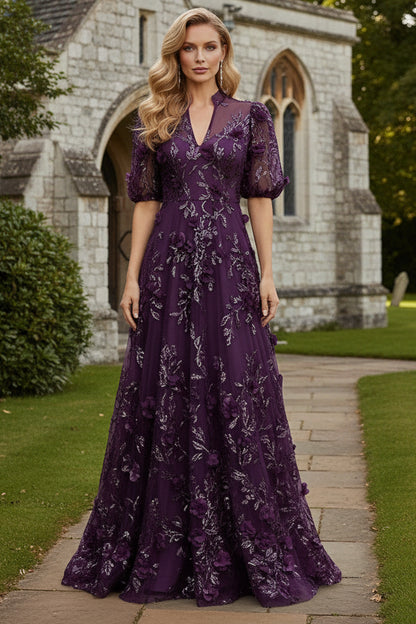 3D Floral Applique Short Sleeve A-Line Gown