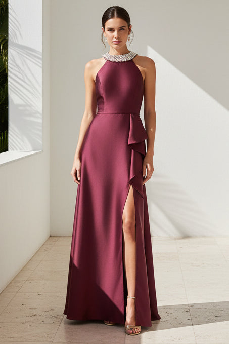 Beaded Halter Neck A-Line Satin Evening Gown