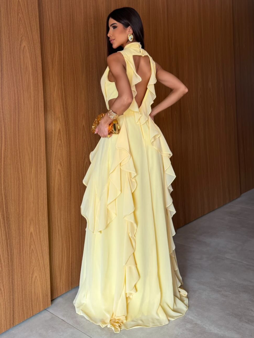 High-Neck Ruffle Backless Chiffon Maxi Dress