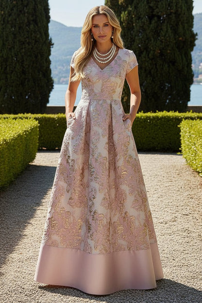 Floral Jacquard A-Line Gown with Pockets