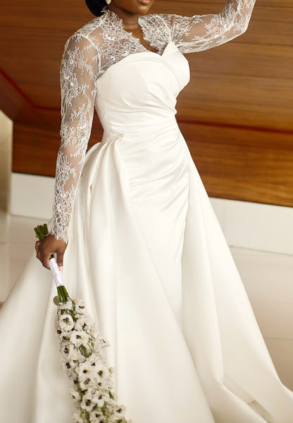 Long Sleeve Lace and Satin Wedding Dress with Overskirt