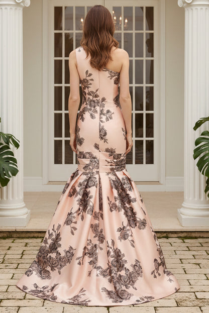 One-Shoulder Floral Mermaid Gown with Bow Accent