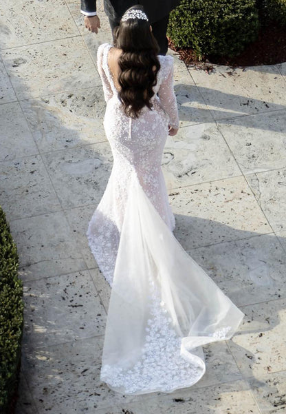 Beaded Illusion Plunge Mermaid Wedding Dress