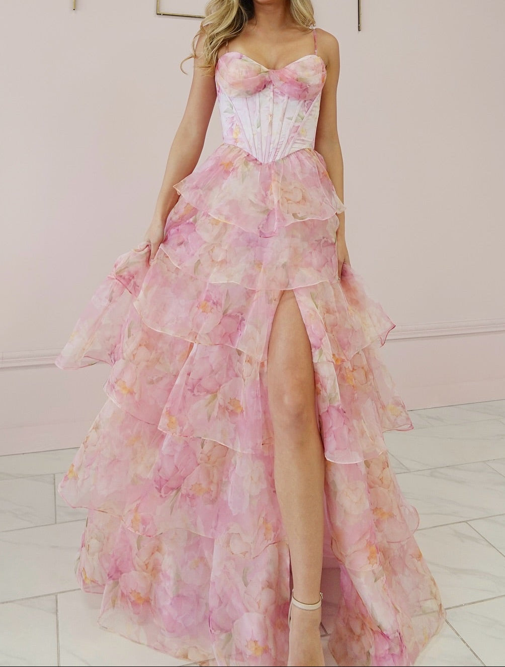 Floral Tiered Corset Gown with High Slit