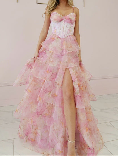 Floral Tiered Corset Gown with High Slit
