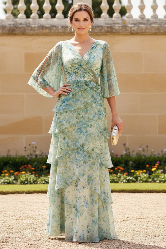 Floral Chiffon Tiered V-Neck Gown