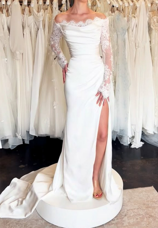 Off-the-Shoulder Lace Long Sleeve Wedding Dress