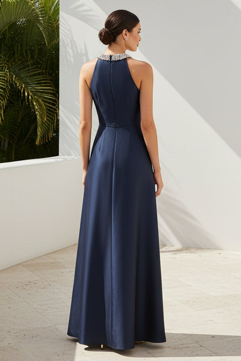 Beaded Halter Neck A-Line Satin Evening Gown
