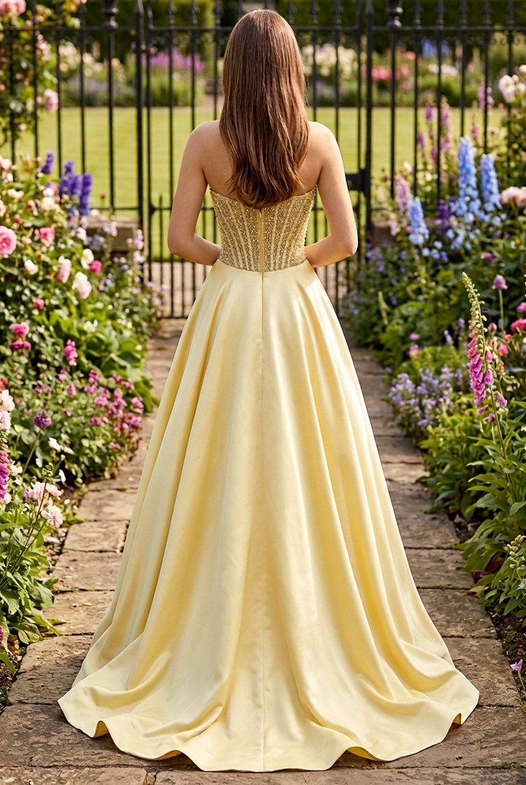 Strapless Beaded Corset Gown with Waist Bow