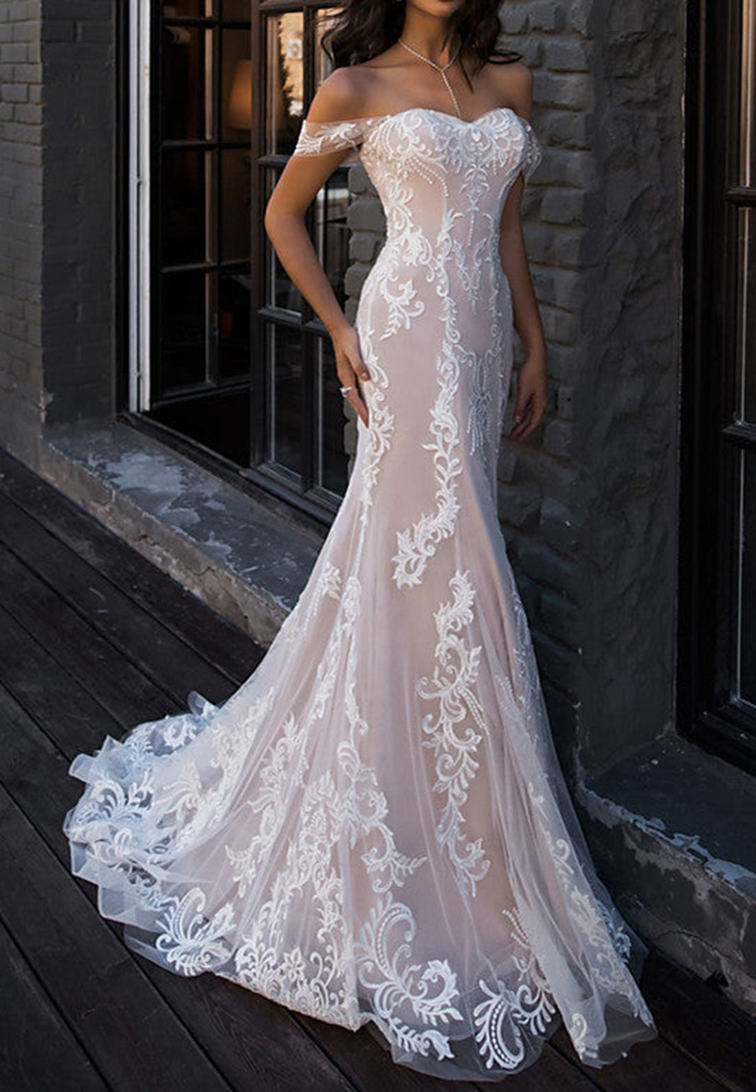 Off-the-Shoulder Lace Applique Mermaid Wedding Dress