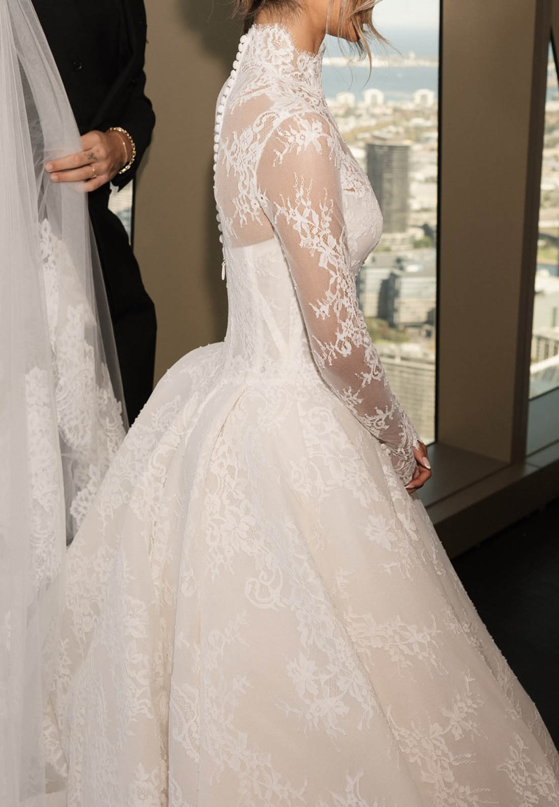 High-Neck Lace Ball Gown Wedding Dress with Long Sleeves