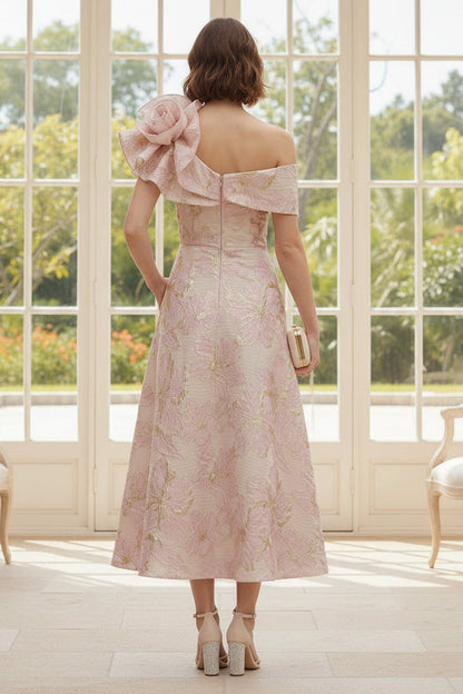 Off Shoulder Floral Jacquard Midi Dress with Ruffle