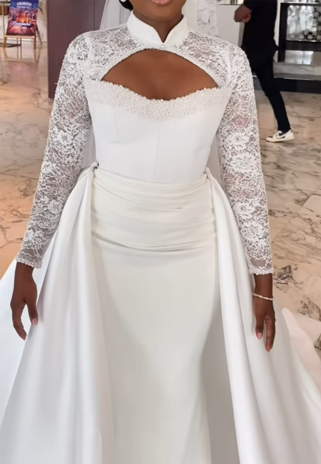 High Neck Lace Long Sleeve Wedding Dress with Overskirt