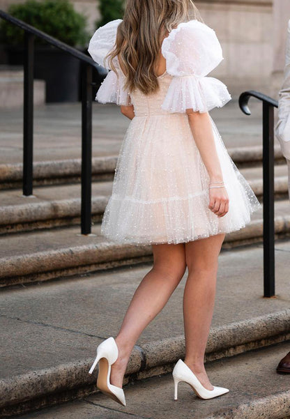Pearl-Embellished Tulle Puff Sleeve Mini Dress