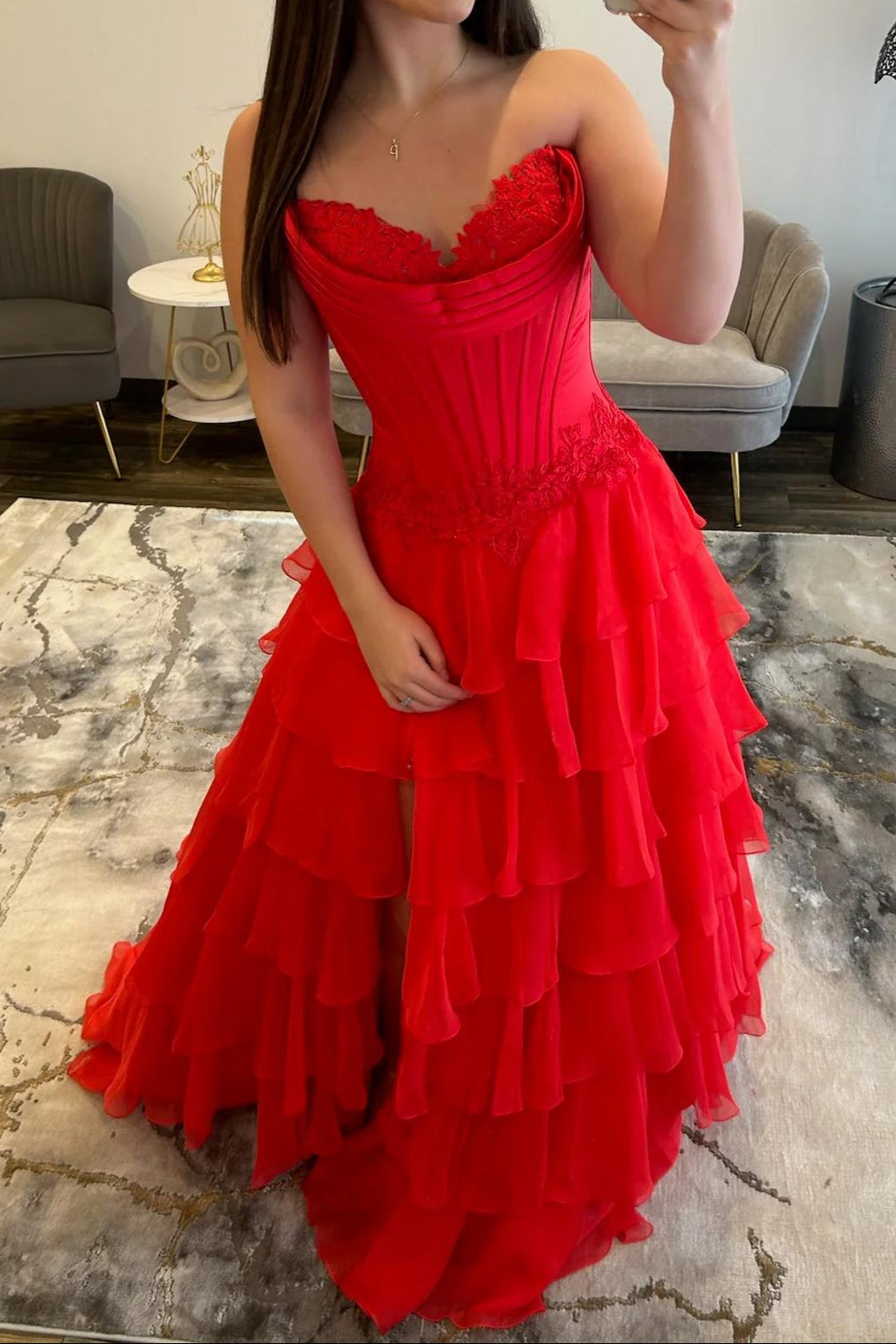 Strapless Tiered Gown with Corset Bodice and Slit