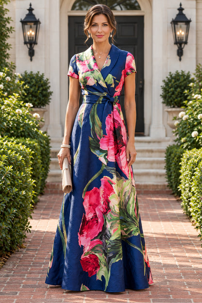 Floral Wrap A-Line Maxi Dress with Collar