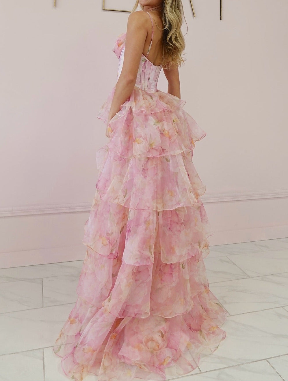 Floral Tiered Corset Gown with High Slit