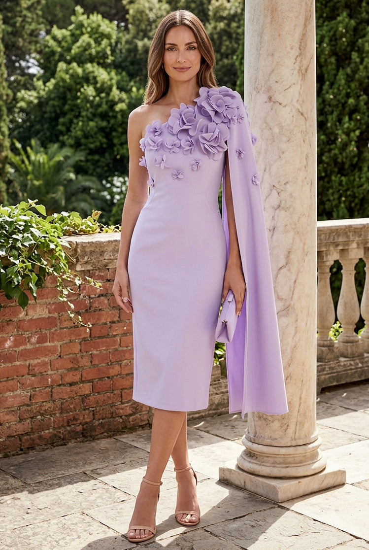 One-Shoulder Floral Appliqué Midi Dress