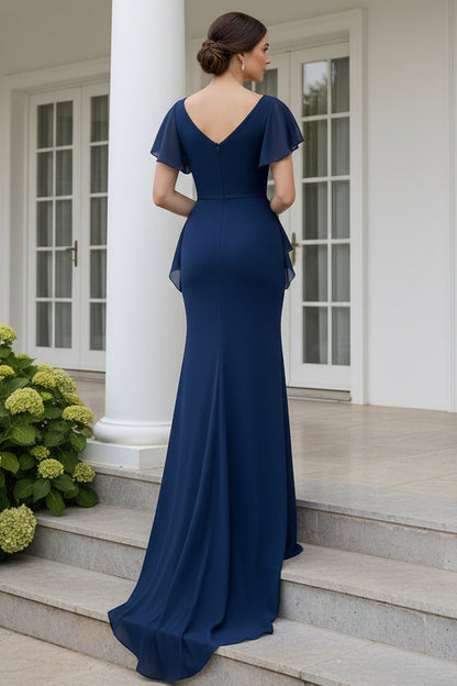 Asymmetrical Flutter Sleeve Crepe Evening Gown