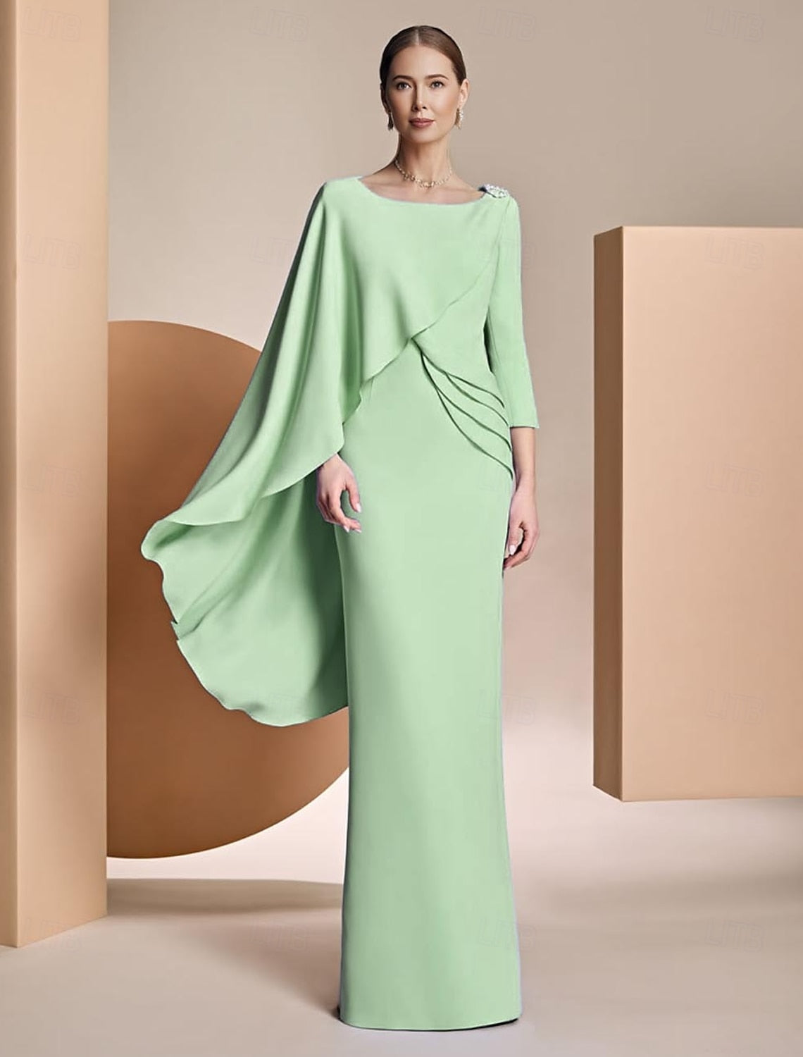 Elegant Bateau Neck Cape Sleeve Column Gown