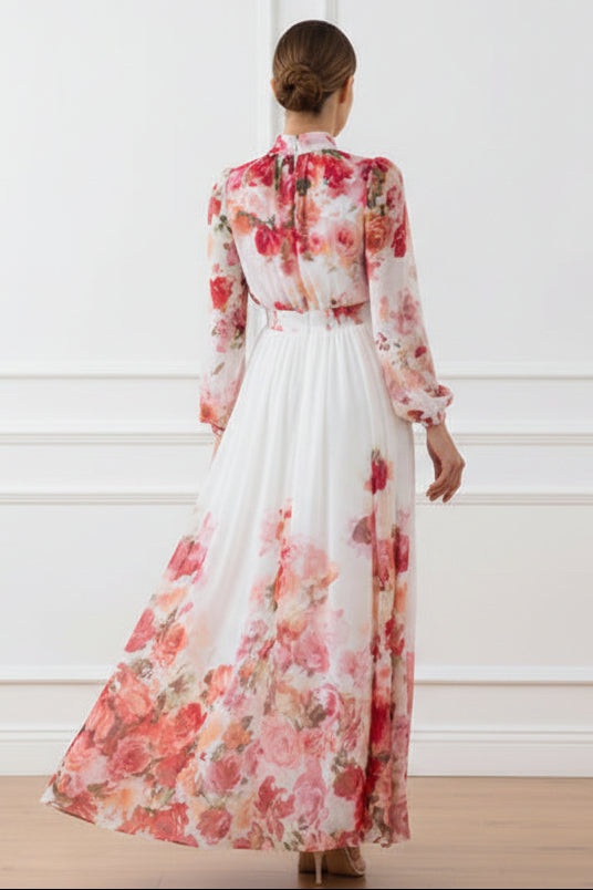 Floral Print High Neck Pleated Maxi Dress