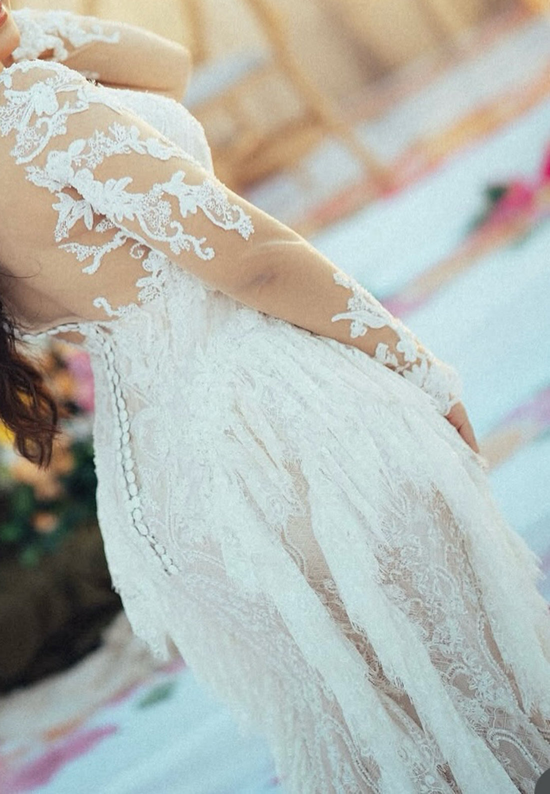 Lace Fringe Wedding Dress with Illusion Sleeves
