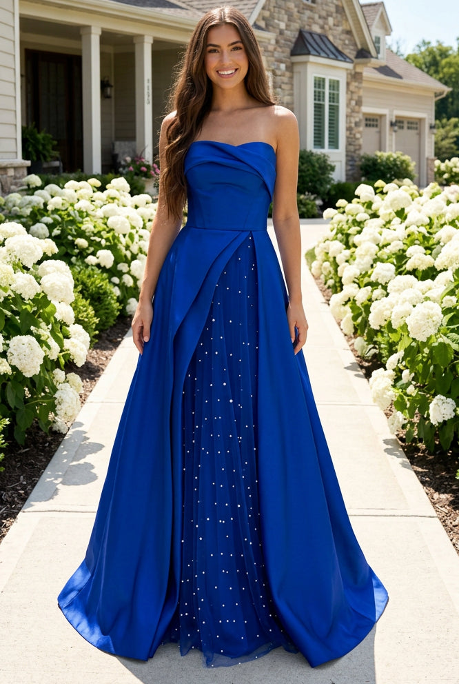 Strapless Satin Ball Gown with Pearl Tulle Split