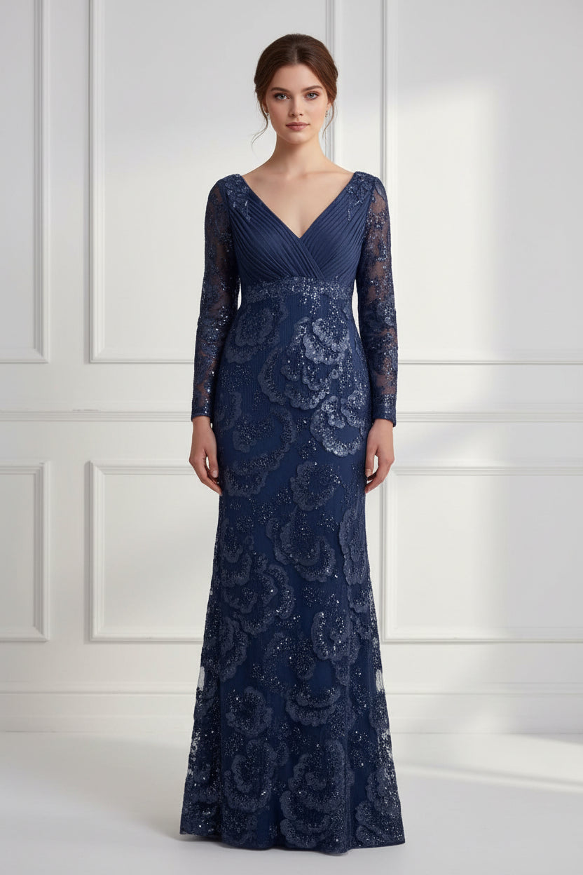 Long Sleeve V-Neck Sequin Evening Gown