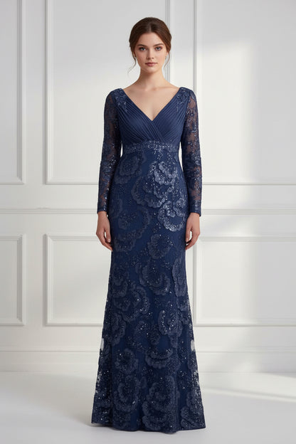 Long Sleeve V-Neck Sequin Evening Gown