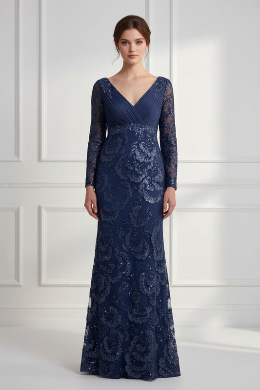 Long Sleeve V-Neck Sequin Evening Gown