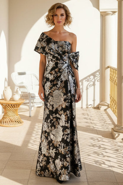 One-Shoulder Floral Metallic Jacquard Evening Gown