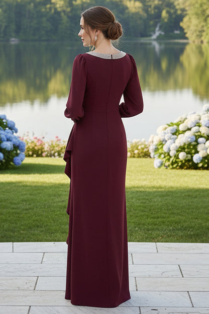 Long Sleeve Ruffle Front Slit Evening Gown