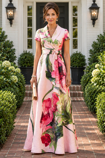 Floral Wrap A-Line Maxi Dress with Collar
