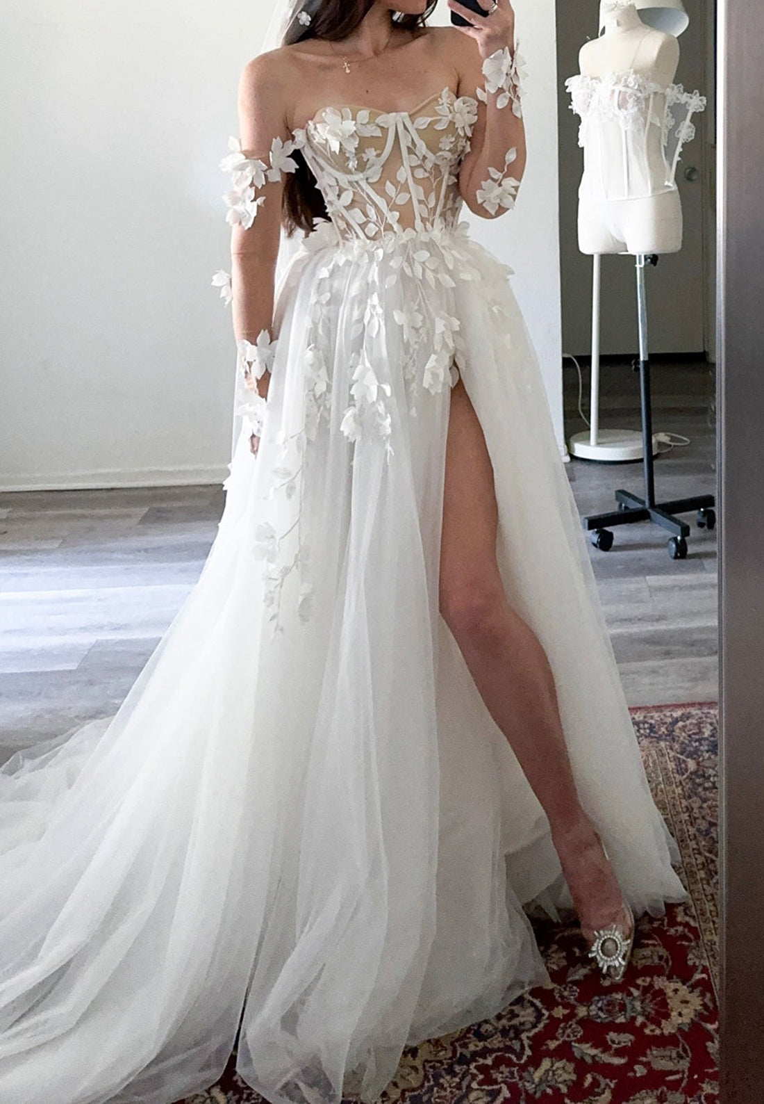 3D Floral Applique Corset Wedding Dress with Slit