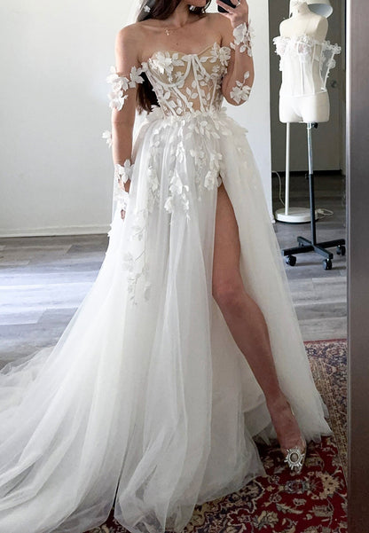 3D Floral Applique Corset Wedding Dress with Slit