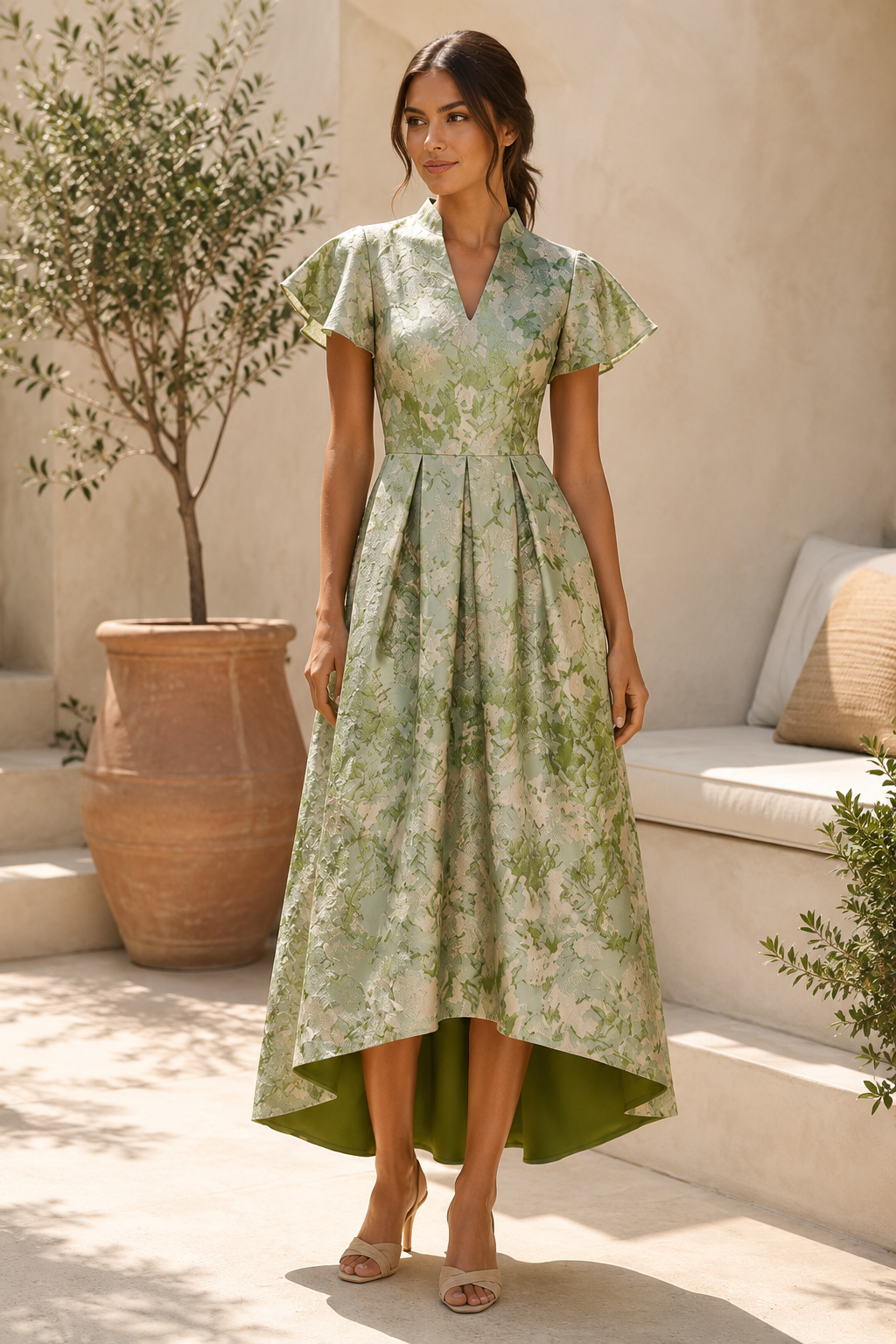 Jacquard Flutter Sleeve High-Low Midi Dress