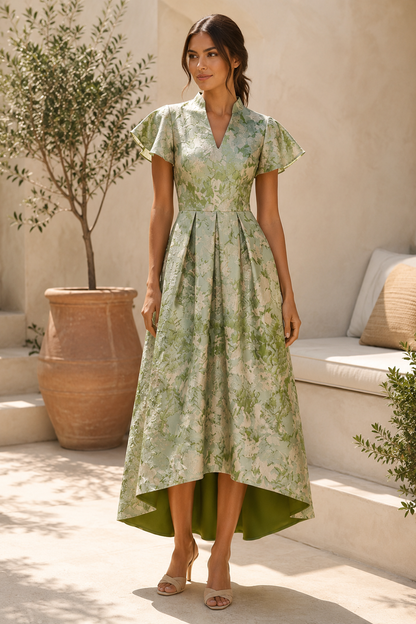 Jacquard Flutter Sleeve High-Low Midi Dress