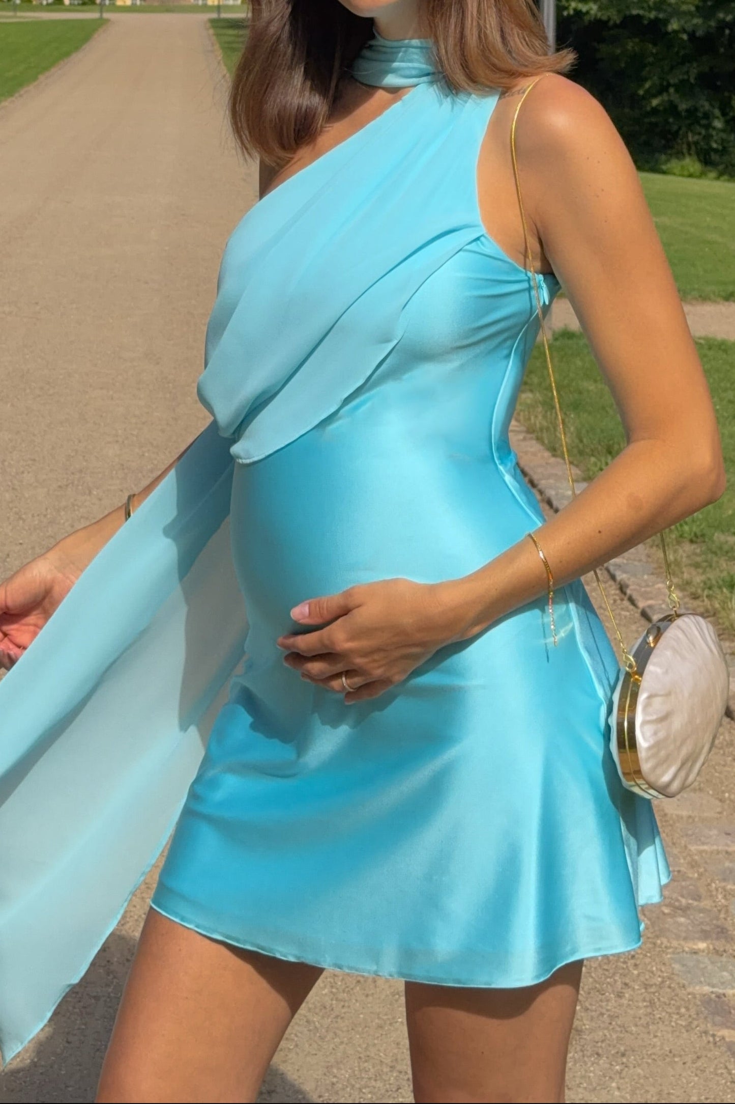 One-Shoulder Drape Satin Mini Dress