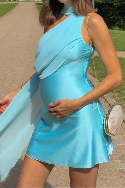 One-Shoulder Drape Satin Mini Dress
