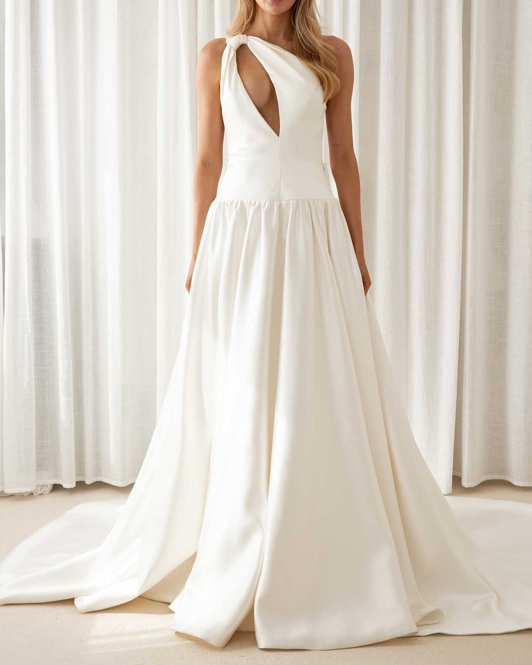 One-Shoulder Cutout Wedding Dress with Train
