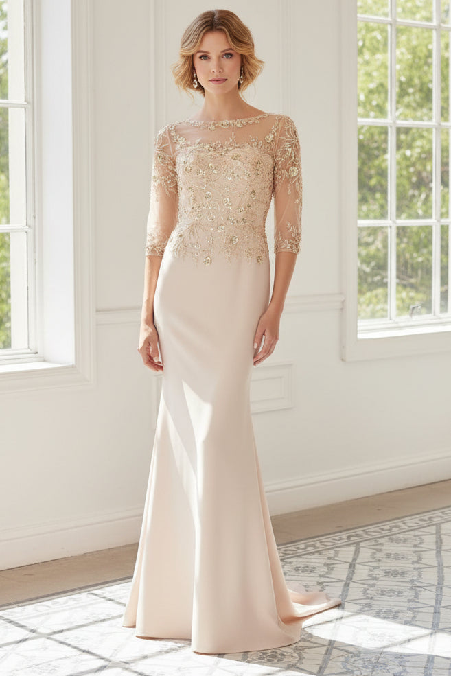 Illusion Boat Neck Crepe Gown with 3/4 Sleeves