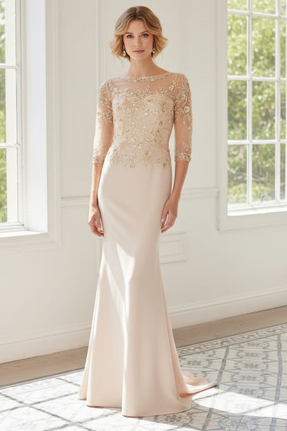 Illusion Boat Neck Crepe Gown with 3/4 Sleeves