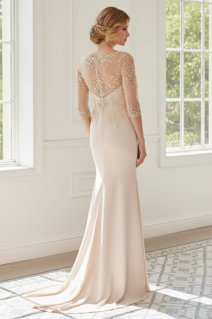 Illusion Boat Neck Crepe Gown with 3/4 Sleeves