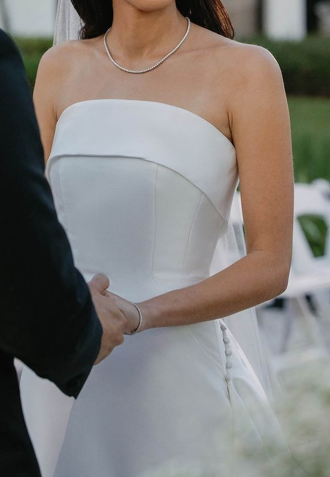 Strapless Satin Column Wedding Dress with Overskirt