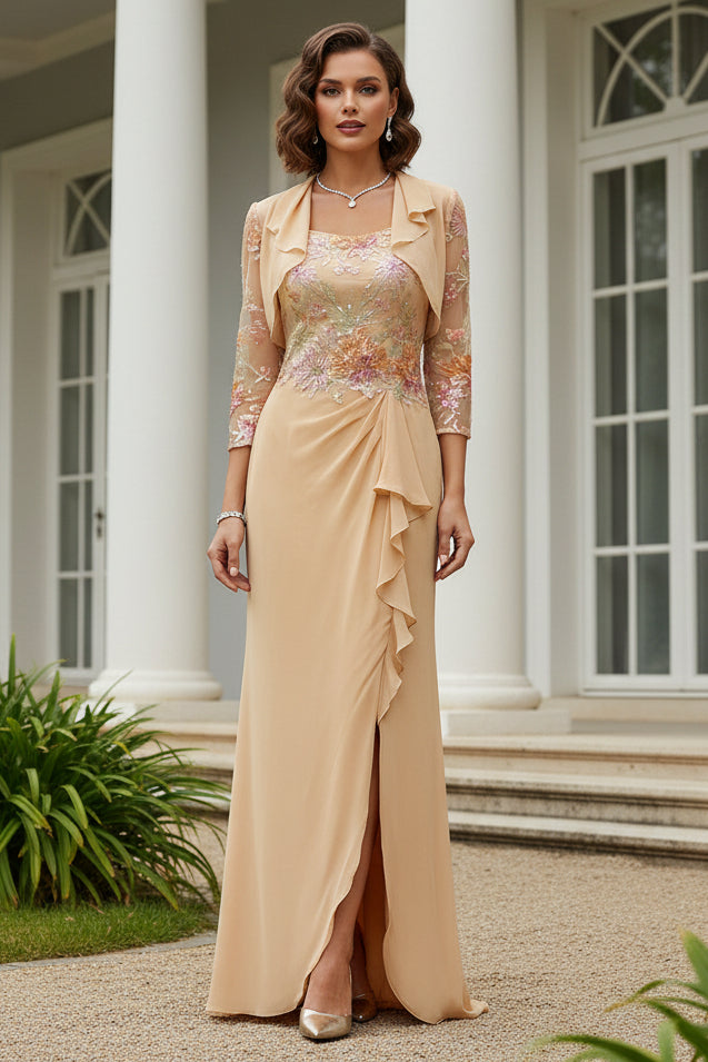 Embroidered Square Neck Dress with Sheer Jacket